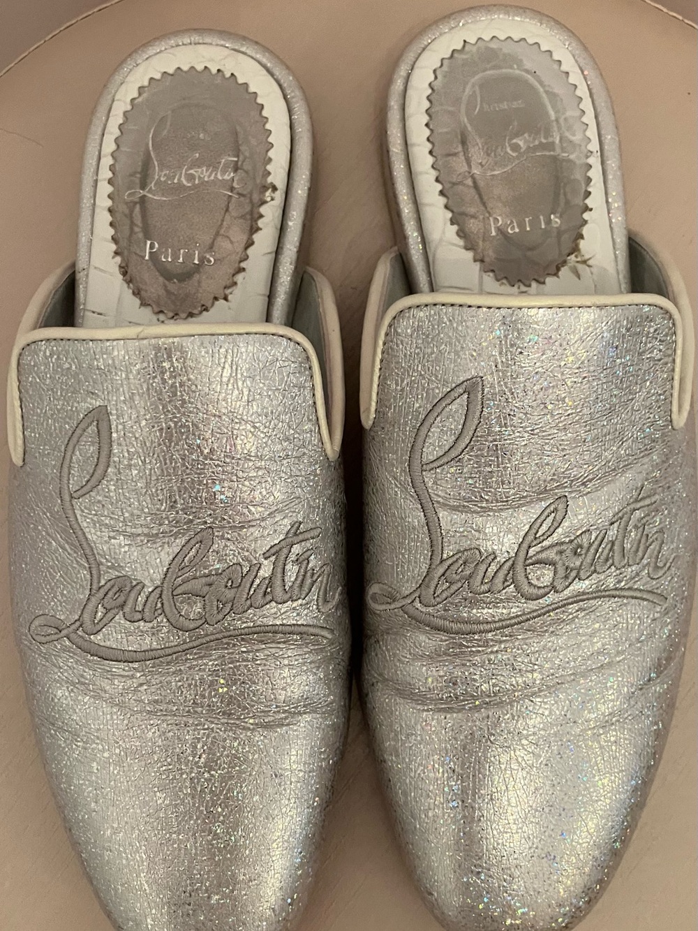36 1/2 Christian Louboutin Silver Glitter Slip-On Mules with Red Sole - Picture 13 of 13